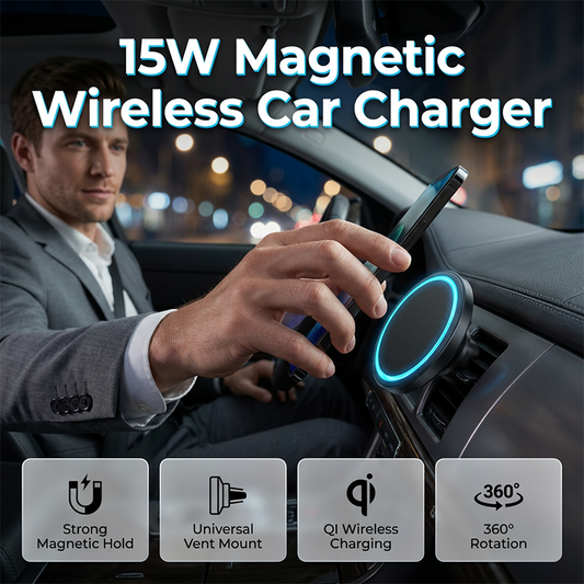 🔋 60% DE RÉDUCTION! 🚗 Chargeur Voiture Magnétique Sans Fil 15W avec Lumière Ambiante – Charge Rapide, Fixation Magnétique & Design Pratique Pour Tous Les Téléphones 📱