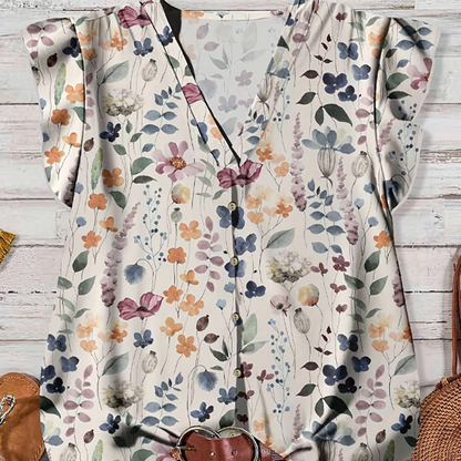 👚 50% DE RÉDUCTION 🌸 Blouse boutonnée à imprimé floral et col en V pour femme – Tissu léger & coupe fluide – Parfaite pour le bureau, les brunchs ou les journées chaudes – esprit romantique et décontracté ✨