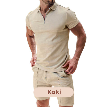 👕 50% de réduction ☀️ Ensemble deux pièces décontracté d'été pour hommes – T-shirt col à revers & short – Léger, respirant & parfait pour les journées chaudes 🩳