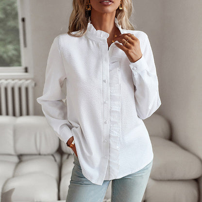 👚 60% DE RÉDUCTION! 🌸 Chemisier avec Col Montant Boutonné & Bordures Volantées pour Femmes – Détails Romantiques, Tissu Léger & Parfait Pour Le Printemps ☀️