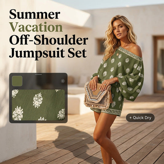 👗 60% DE RÉDUCTION 💃 Ensemble combishort bohème imprimé – Épaules dénudées & taille élastique – Tissu respirant, parfait pour l’été ou les vacances – look léger et romantique 🌸✨