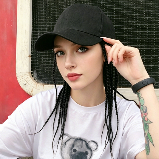 🧢 50% DE RÉDUCTION 💇‍♀️ Casquette de baseball avec tresses attachées – Look original, réglable & confortable – parfaite pour l'été, les festivals ou le streetwear 🌞