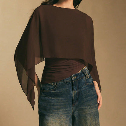 👚 50% DE RÉDUCTION! ✨ Haut Élégant à Manches Cape en Mousseline – Taille Froncée, Tissu Fluide & Parfait Pour Une Silhouette Romantique 💫