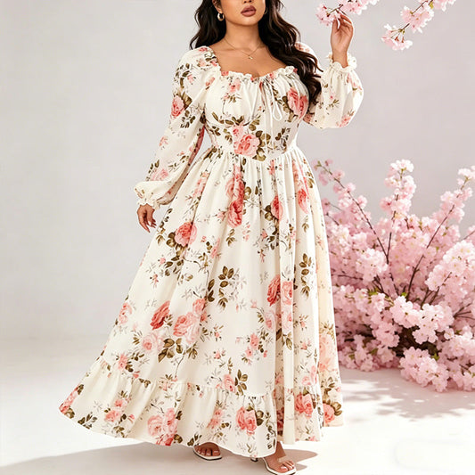 👗 50% DE RÉDUCTION! 🌸 Robe Maxi à Imprimé Floral, Col Carré & Manches Longues – Tissu Fluide, Coupe Élégante & Parfaite Pour Le Printemps Et L'Été ☀️