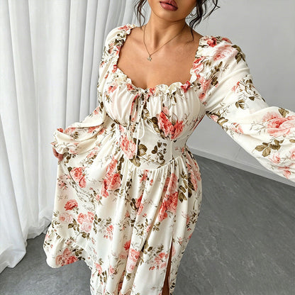👗 50% DE RÉDUCTION! 🌸 Robe Maxi à Imprimé Floral, Col Carré & Manches Longues – Tissu Fluide, Coupe Élégante & Parfaite Pour Le Printemps Et L'Été ☀️