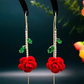 🌹 50% DE RÉDUCTION! ✨ Boucles d'Oreilles Rose Rouge avec Tige en Cristal – Style Threader, Micro-Incrustation & Design Élégant Pour Un Look Romantique 💎