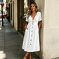 👗 50% DE RÉDUCTION ☀️ Robe d’été col V & boutons – Taille empire, poches latérales & tissu respirant – 4 coloris, tailles S-3XL – idéale pour le quotidien ou les rendez-vous ✨🌸