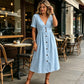👗 50% DE RÉDUCTION ☀️ Robe d’été col V & boutons – Taille empire, poches latérales & tissu respirant – 4 coloris, tailles S-3XL – idéale pour le quotidien ou les rendez-vous ✨🌸