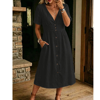 👗 50% DE RÉDUCTION ☀️ Robe d’été col V & boutons – Taille empire, poches latérales & tissu respirant – 4 coloris, tailles S-3XL – idéale pour le quotidien ou les rendez-vous ✨🌸