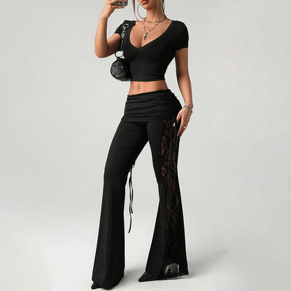 👖 50% DE RÉDUCTION 🧵 Pantalon évasé femme à fronces et empiècement en dentelle – Élégant, respirant & parfait pour un look chic ou romantique au quotidien 🌸
