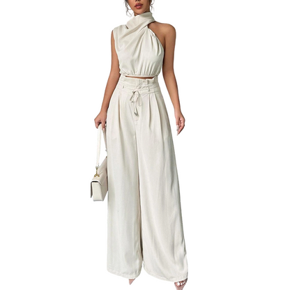 👚 50% DE RÉDUCTION 👖 Ensemble haut halter & pantalon large femme – Léger, fluide & sans manches – parfait pour l’été, la plage ou un look bohème élégant ☀️