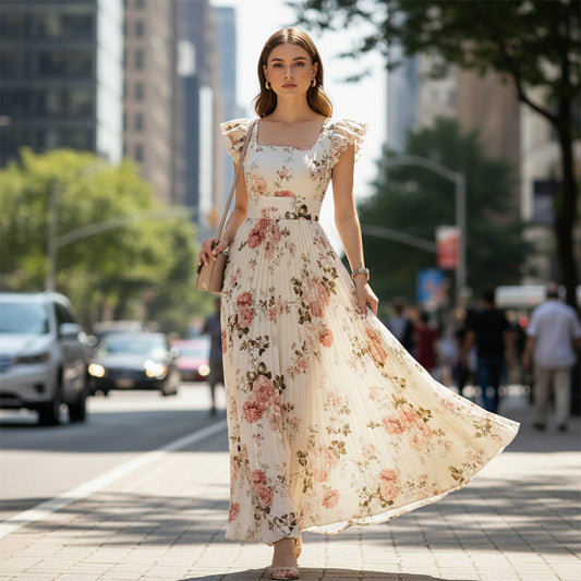 👗 50% DE RÉDUCTION 🌼 Robe longue plissée à imprimé floral raffiné – Fluide, légère & romantique – parfaite pour le printemps, l’été ou les vacances au soleil ☀️