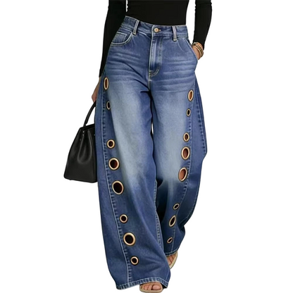 👖 50% DE RÉDUCTION 🌸 Jean femme œillets jambes larges – Doux, aéré & tendance avec ceinture – Look moderne et confortable – parfait pour un style décontracté ou chic ✨🔘🌿