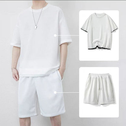 👕 50% DE RÉDUCTION ☀️ Ensemble T-shirt & short texturé gaufre – Tissu respirant & coupe ample – Look estival ultime, décontracté et confortable – idéal pour les journées chaudes 🩳✨🌿