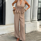 👕 50% DE RÉDUCTION! ✨ Ensemble Deux-Pièces Femme – Haut rayé col V à peplum + pantalon large – Tissu léger, style tendance & confortable – Idéal pour vacances & quotidien 🌴