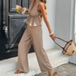 👕 50% DE RÉDUCTION! ✨ Ensemble Deux-Pièces Femme – Haut rayé col V à peplum + pantalon large – Tissu léger, style tendance & confortable – Idéal pour vacances & quotidien 🌴