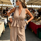 👕 50% DE RÉDUCTION! ✨ Ensemble Deux-Pièces Femme – Haut rayé col V à peplum + pantalon large – Tissu léger, style tendance & confortable – Idéal pour vacances & quotidien 🌴
