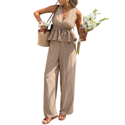 👕 50% DE RÉDUCTION! ✨ Ensemble Deux-Pièces Femme – Haut rayé col V à peplum + pantalon large – Tissu léger, style tendance & confortable – Idéal pour vacances & quotidien 🌴