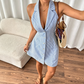 👗 50% DE RÉDUCTION 🌊 Robe courte femme bretelles rayée – Col bandelette, dos nu avec nœud & coupe A – Style nautique chic, essentiel d’été – parfaite pour les journées ensoleillées ou un look frais à la plage ✨
