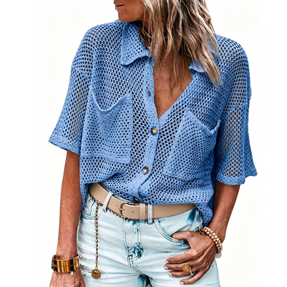 👚 50% DE RÉDUCTION ✨ Chemise boutonnée tricotée à manches courtes – Tissu ajouré, poches poitrine & coupe légère – Parfaite pour un look décontracté ou chic en été – confortable et respirante 🧶