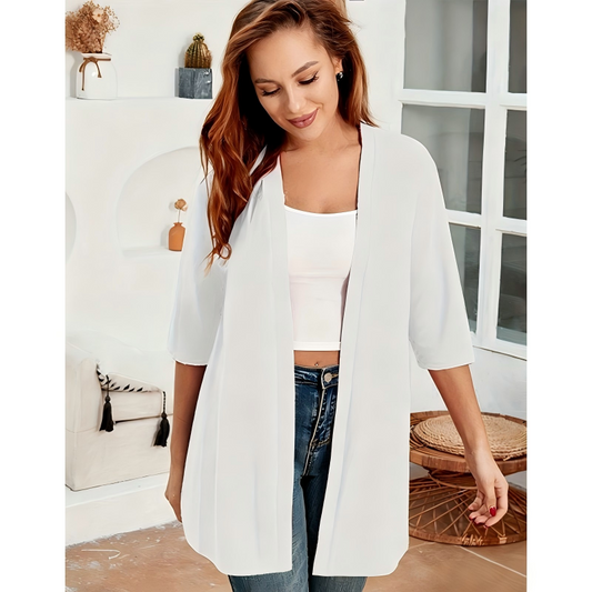🧥 50% DE RÉDUCTION ✨ Cardigan ouvert grande taille femme – Léger, mi-long & manches mi-courtes – Parfait pour la mi-saison ou les soirées fraîches – style décontracté et confortable 🍁