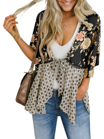 🧥 50% DE RÉDUCTION 🌸 Cardigan femme à fleurs, manches volantées & nouer – Style bohème fluide & ample – Léger, aéré – parfait pour le printemps ou les soirées d’été – romantique et décontracté 🌿