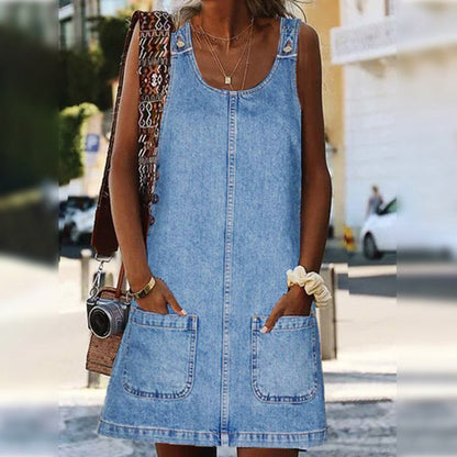 👗 50% DE RÉDUCTION! ✨ Robe-Salopette Décontractée en Jean – Coupe trapèze, poche avant & tissu ultra-doux – Idéale pour un look décontracté & confortable 🌿