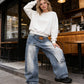 👖 60% DE RÉDUCTION 💙 Jean femme taille asymétrique jambe large – Coupe 3D, lavage décoloré & silhouette ultra large – Tailles S-2XL – idéal streetwear ou mode affirmée ✨