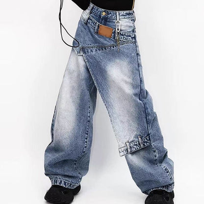 👖 60% DE RÉDUCTION 💙 Jean femme taille asymétrique jambe large – Coupe 3D, lavage décoloré & silhouette ultra large – Tailles S-2XL – idéal streetwear ou mode affirmée ✨