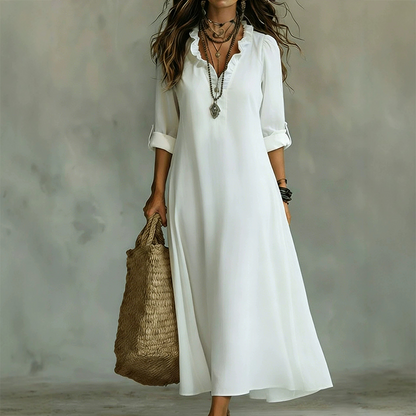 👗 50% DE RÉDUCTION 🌸 Robe maxi bohème à col V volanté – Fluide, légère & romantique – Parfaite pour l’été, les festivals ou les vacances au bord de la mer – look décontracté et élégant ✨