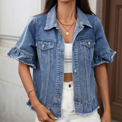 🧥 50% DE RÉDUCTION ⏰ Veste en jean d’été à manches volantées pour femme – Denim léger & coupe féminine – Parfaite pour la mi-saison ou les soirées d’été – look vintage moderne et décontracté 🌸