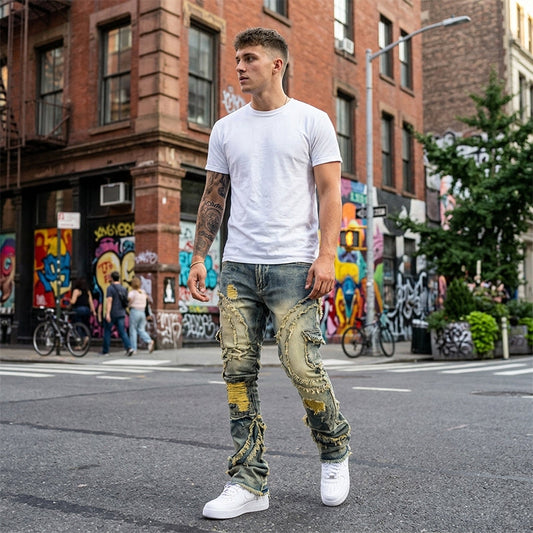 👖 50% DE RÉDUCTION 💥 Jean stretch jambes évasées homme – Effet usé, lavage vintage & patchwork – Denim confortable, look streetwear rétro – parfait pour un style décontracté ou affirmé ✨