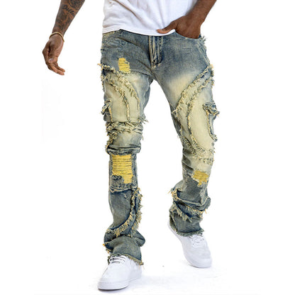 👖 50% DE RÉDUCTION 💥 Jean stretch jambes évasées homme – Effet usé, lavage vintage & patchwork – Denim confortable, look streetwear rétro – parfait pour un style décontracté ou affirmé ✨
