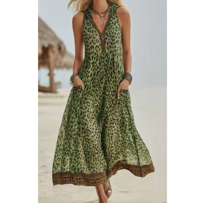 👗 60% DE RÉDUCTION 🐆 Robe maxi léopard d’été pour femme – Col V, bretelles spaghetti & poches latérales – Tissu fluide & léger – parfaite pour la plage, les vacances ou une soirée audacieuse ✨🌿