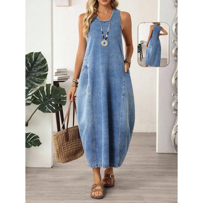 👗 50% DE RÉDUCTION 🔥 Robe maxi en jean sans manches pour femme avec poches – Denim souple & coupe décontractée – Parfaite pour l’été, les journées actives ou un look décontracté chic – pratique et intemporelle ✨🛒