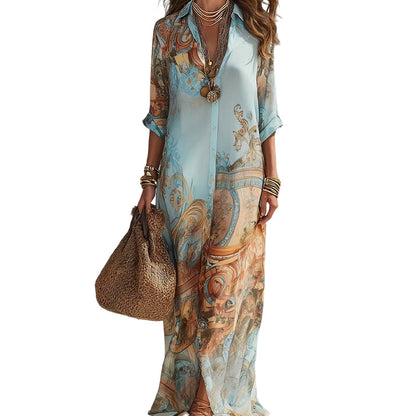👗 50% DE RÉDUCTION 🌺 Robe maxi imprimé rétro bohème femme – Silhouette fluide & flatteuse – Tissu premium respirant, col V & boutonnage devant – bleu clair, tailles XS-3XL – parfaite pour les journées chaudes ✨🌸