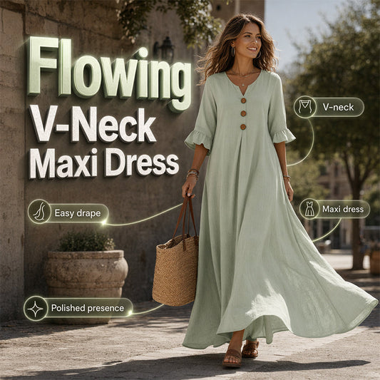 👗 50% DE RÉDUCTION ✨ Robe longue ample col V – Fluide, drapé doux & polyvalente – Parfaite du jour au dîner – élégante et confortable 🌙🌸🌿