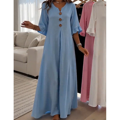 👗 50% DE RÉDUCTION ✨ Robe longue ample col V – Fluide, drapé doux & polyvalente – Parfaite du jour au dîner – élégante et confortable 🌙🌸🌿