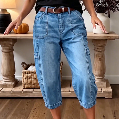 👖 50% DE RÉDUCTION ✨ Pantalon jean court extensible – Coupe barrel décontractée & poches multiples – 2 coloris, tailles S-3XL – parfait pour le quotidien 🌸🛒✨