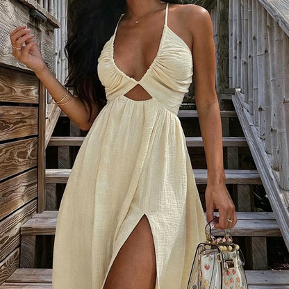 👗 50% DE RÉDUCTION ✨ Robe longue col V – Fente haute, dos nu & ourlet fluide – Parfaite pour l’été, les soirées ou les vacances – sexy et élégante ☀️💃🌙