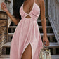 👗 50% DE RÉDUCTION ✨ Robe longue col V – Décolleté plongeant, fente haute & dos nu halter – Ourlet fluide, 4 coloris, tailles S-XL – parfaite pour l’été ou les soirées 💃🌿
