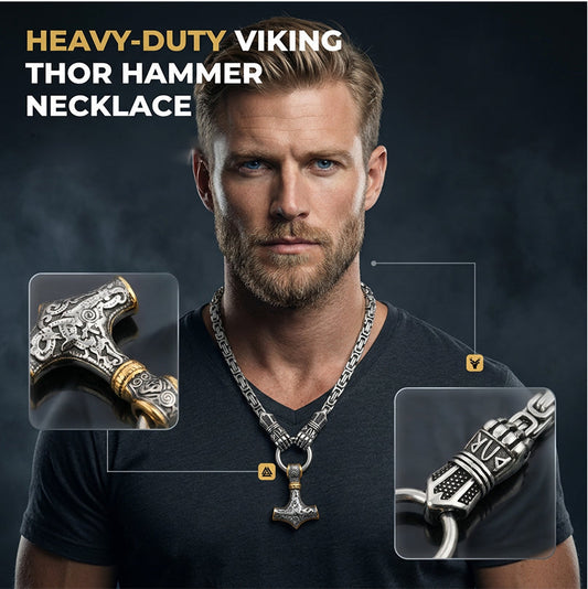 ⚡ 50% DE RÉDUCTION 🔥 Collier marteau Thor viking – Chaîne byzantine en acier inoxydable – Argent ou or, longueur 60–70 cm – bijou puissant pour un look nordique ou mystique 💪✨
