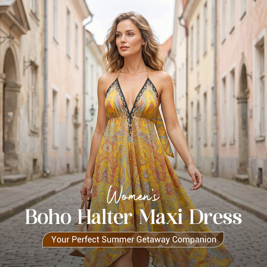 👗 50% DE RÉDUCTION 🌺 Robe maxi halter boho à col V profond – Tissu fluide & imprimé exotique – Parfaite pour l’été, les vacances ou une soirée romantique – légère et élégante ✨☀️