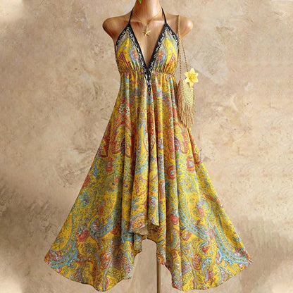 👗 50% DE RÉDUCTION 🌺 Robe maxi halter boho à col V profond – Tissu fluide & imprimé exotique – Parfaite pour l’été, les vacances ou une soirée romantique – légère et élégante ✨☀️