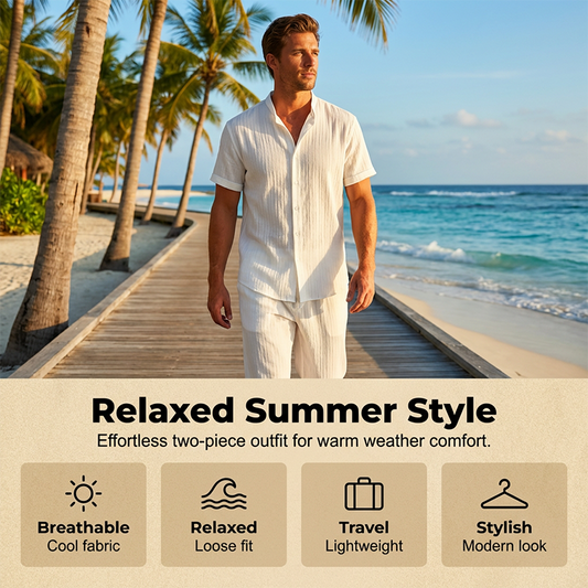 👔 50% DE RÉDUCTION 🔥 Ensemble homme 2 pièces texturé – Chemise & pantalon décontracté – Coupe coordonnée & respirante – parfait pour voyager ou un look soigné au quotidien ✨🧳🌿