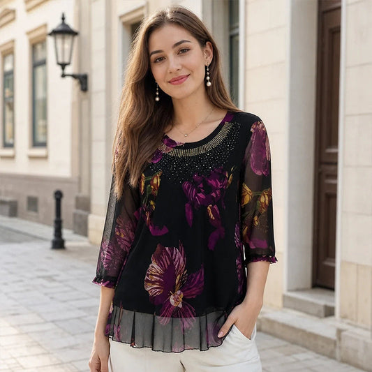 👚 50% DE RÉDUCTION 🌸 Blouse tunique florale – Manches 3/4 transparentes & ourlet double couche – Grande taille, légère & romantique – parfaite pour l’été ou un look bohème chic ✨🌿