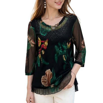 👚 50% DE RÉDUCTION 🌸 Blouse tunique florale – Manches 3/4 transparentes & ourlet double couche – Grande taille, légère & romantique – parfaite pour l’été ou un look bohème chic ✨🌿