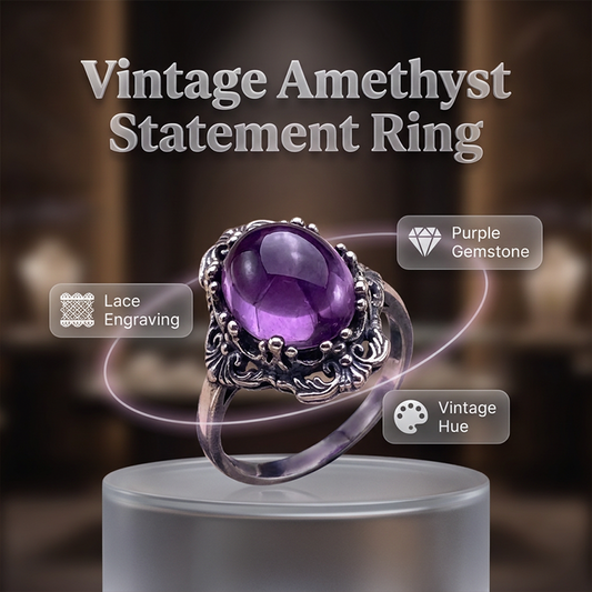 💍 50% DE RÉDUCTION 🌸 Bague améthyste vintage en dentelle – Détails délicats & pierre violette – Élégante, intemporelle – parfaite pour un cadeau ou un look raffiné au quotidien ✨💜🌿