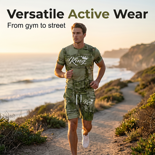 🎉 50% DE RÉDUCTION! 👕 Ensemble casual homme – T-shirt & short imprimé faux denim – Tendance, confortable & look jean sans contrainte – Idéal pour l’été ☀️