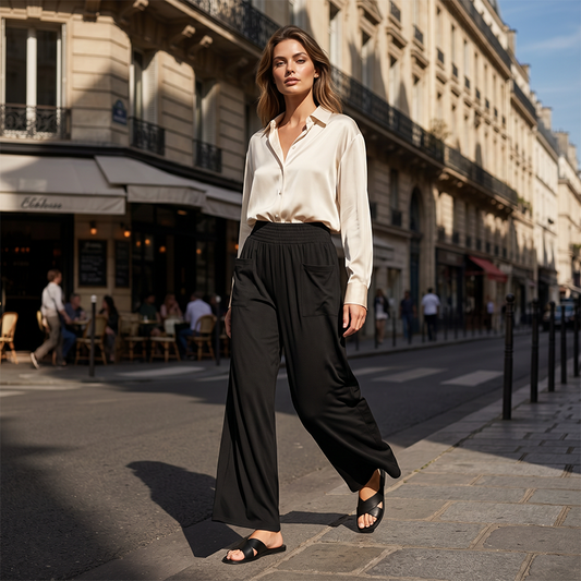 👖 50% DE RÉDUCTION 🌸 Pantalon large décontracté pour femme – Tissu fluide, taille élastique – Parfait pour l’été, le quotidien ou les voyages – léger, confortable et chic ✨🌿☀️